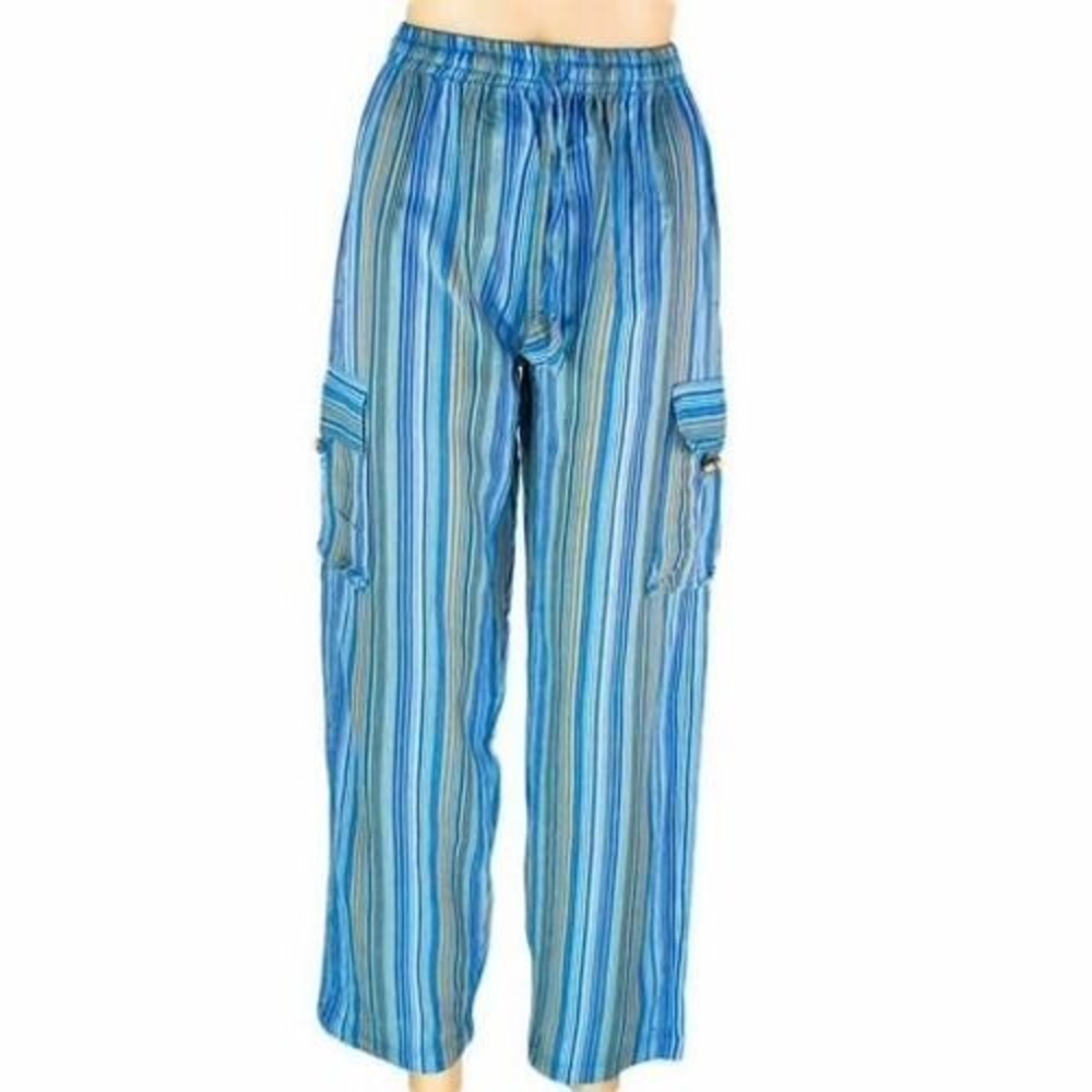 #48 Rhea Striped Cargo Pants Sz. Medium Turquoise New Cotton Boho Handmade Nepal
